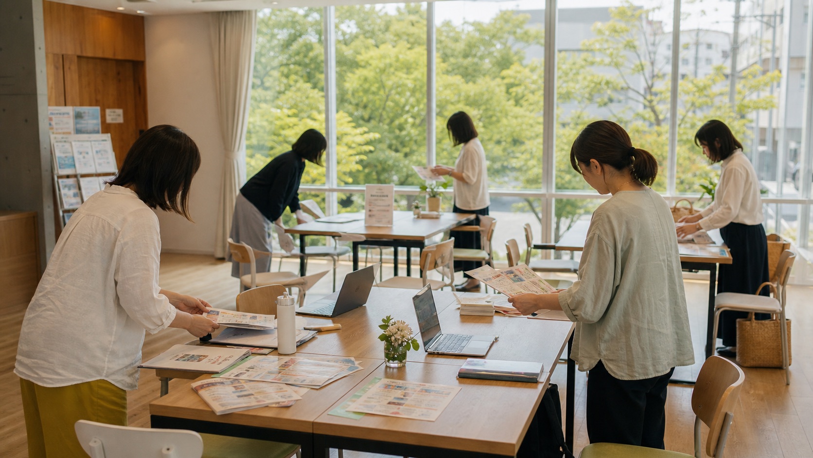 市民活動の会場で資料とノートパソコンを準備している様子